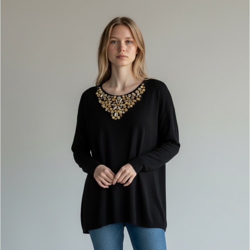 Reba Black jeweled front sweater NWT‎